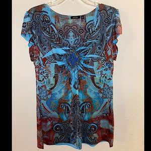 APT 9 Print Top, V Neckline,  Cap Sleeve, Size Petite Medium, blue/brown